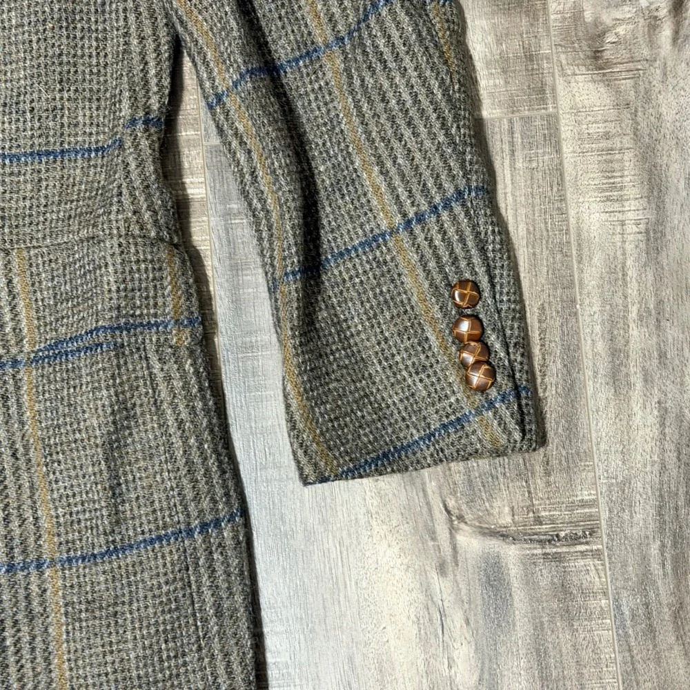Lands End Charter Collection Mens Brown Plaid Wool Tweed Blazer Sport Coat USA